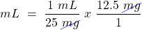 \[ mL~=~\frac{1~mL}{25~\cancel{mg}}~x~\frac{12.5~\cancel{mg}}{1} \]