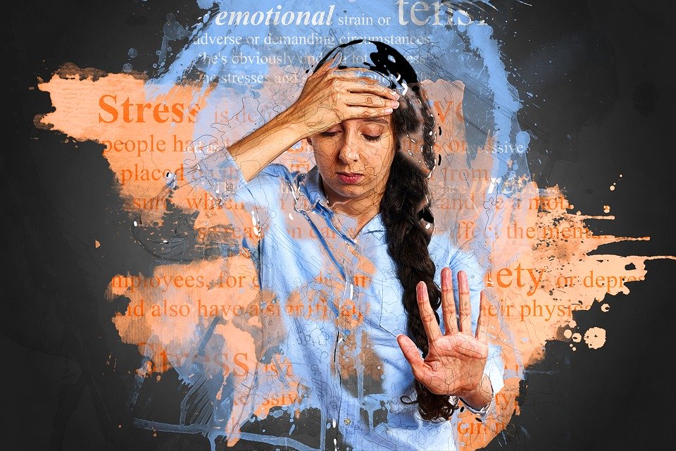 Mixed media image of woman looking worried, stressed, or overwhelmed