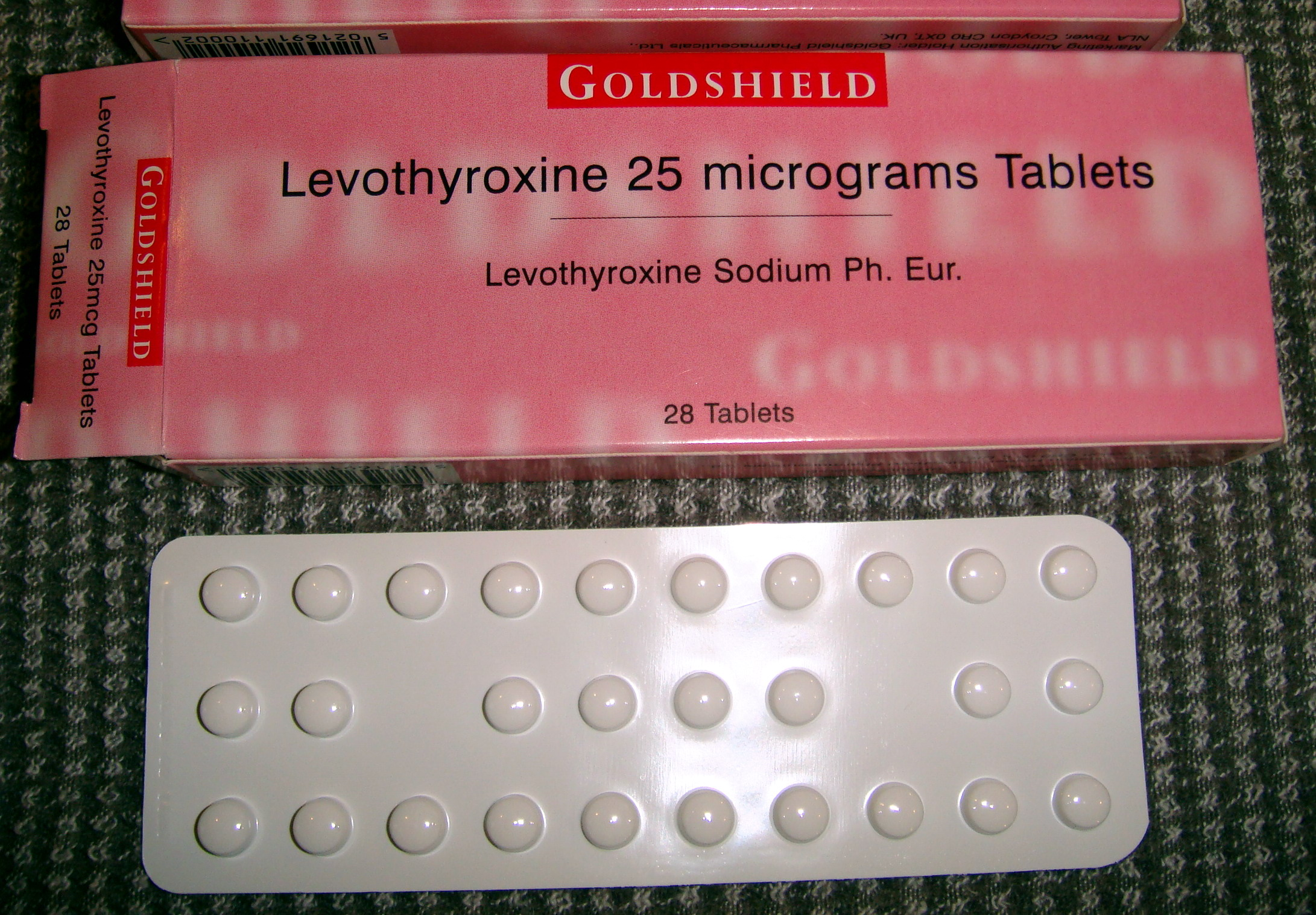 Photo showing closeup of open Levothyroxine package with blister pack beside it.
