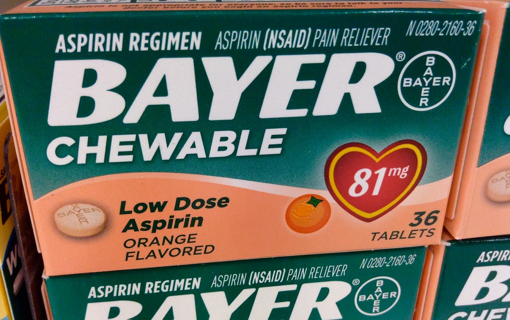 Photo showing closeup of Bayer brand aspirin package