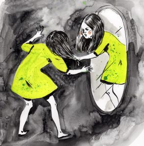 A cartoon showing a girl's reflection coming out of a mirror and pulling the hair of the actual girl