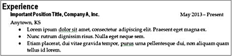 The top-level heading "Experience" is larger, bold, and in a sans-serif font. The next level with the position title is still bolder and sans-serif, but it isn't larger than the body text. Under that, the body text is a serif font of a normal reading size.