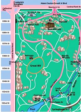 Map of Central Park with labelled streets and park areas.