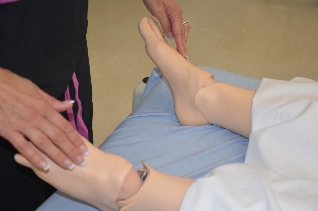 Photo showing assessment of dorsalis pedis pulses on simulated patient