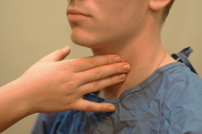 Image showing hand placed on simulated patients neck to check carotid pulse