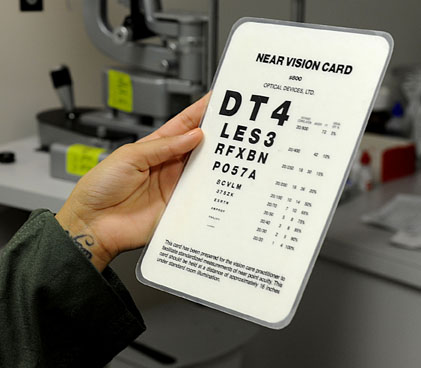 Photo showing a hand holding a near vision card