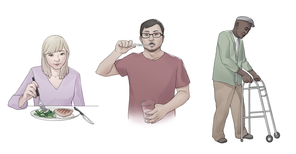 Illustration of three people performing activities of daily living