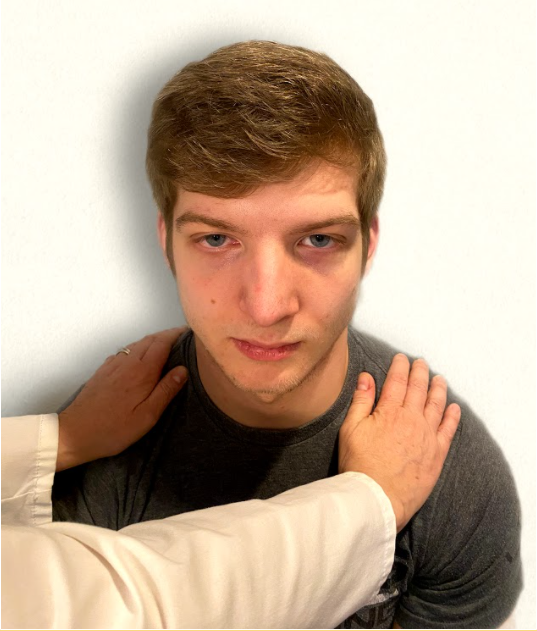 Image showing nurse's hands on a simulated patient shoulders to assess the cranial nerve XI