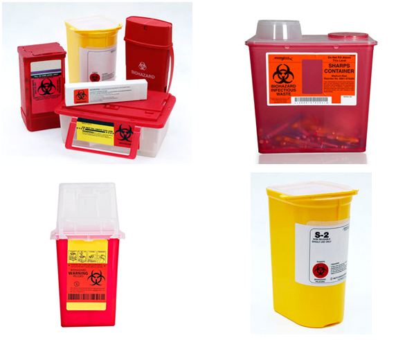 Photo showing several different sharps disposal containers