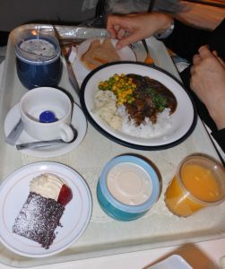 Photo showing a hospital meal, with beverages, entree, and dessert