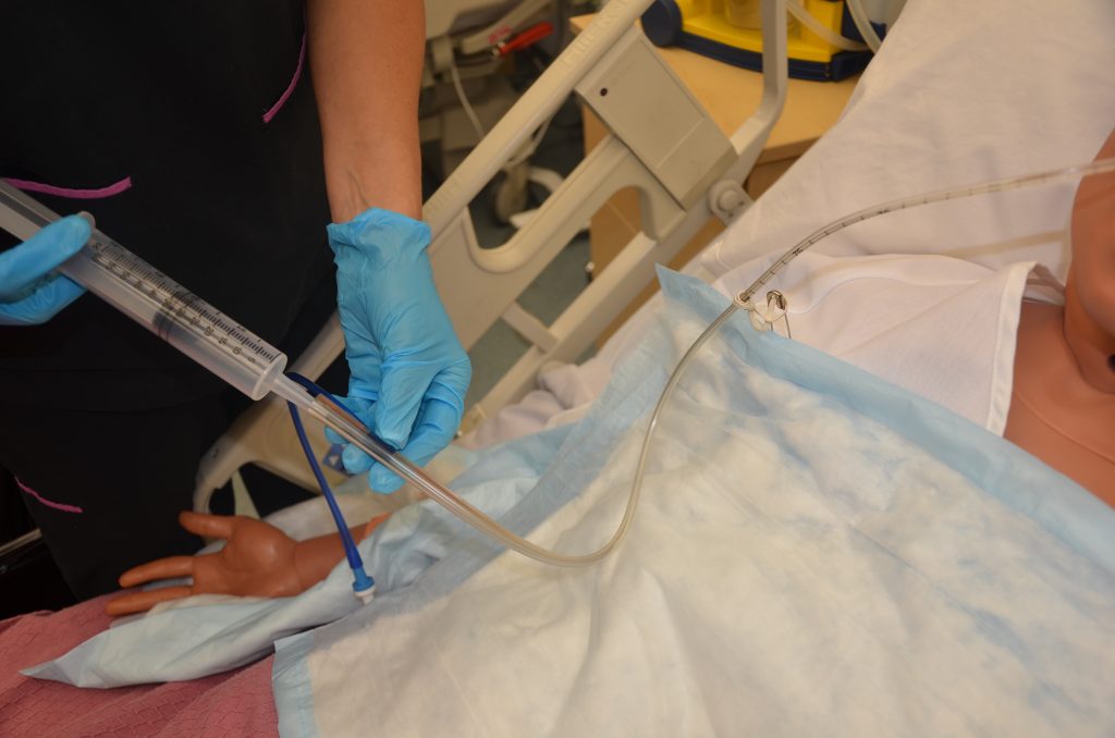 Photo showing irrigation of NG Tube on simulated patient