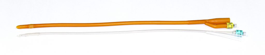 Photo showing both a 20 French and a 14 French Catheter, for comparison of size