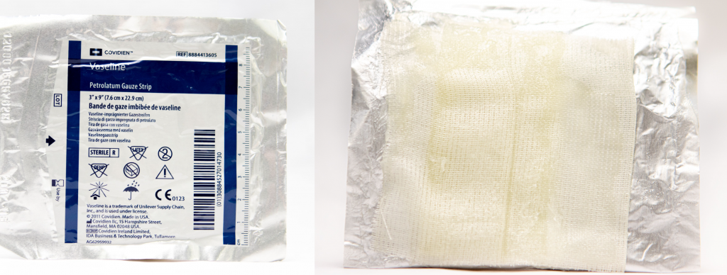 Photo showing petroleum gauze and packaging