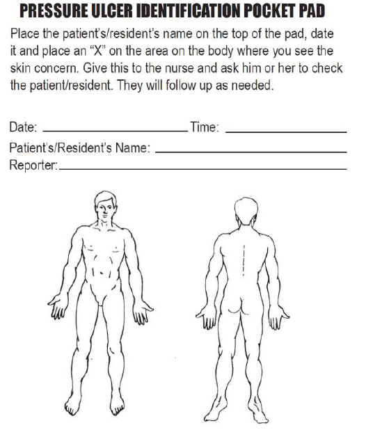 Photo of pressure ulcer identification pocket pad, with front and back views of a human figure
