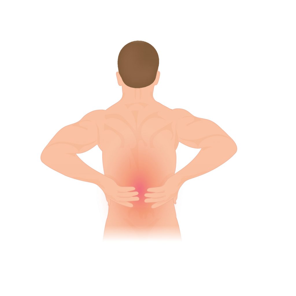 Illustration showing back of human figure, with its hands over a darkened area on back to indicate back pain