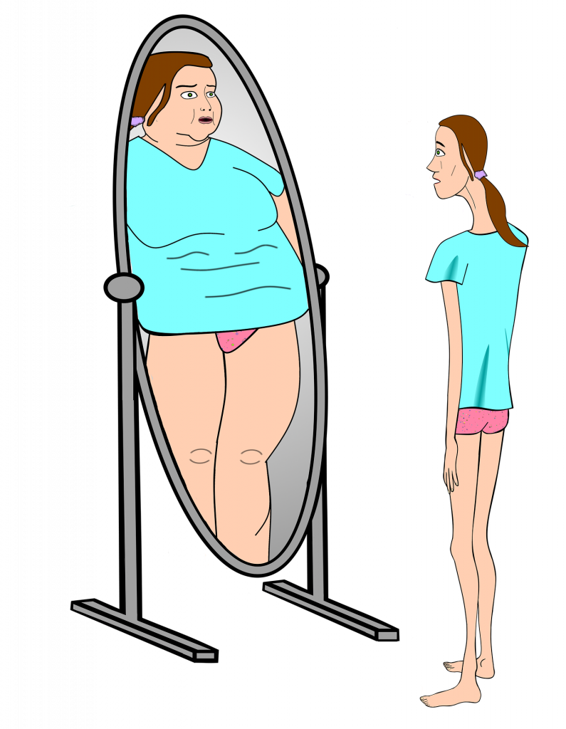 Illustration showing a thin person looking into a mirror and seeing themselves as much larger to show Body Perception of a Person With Anorexia Nervosa