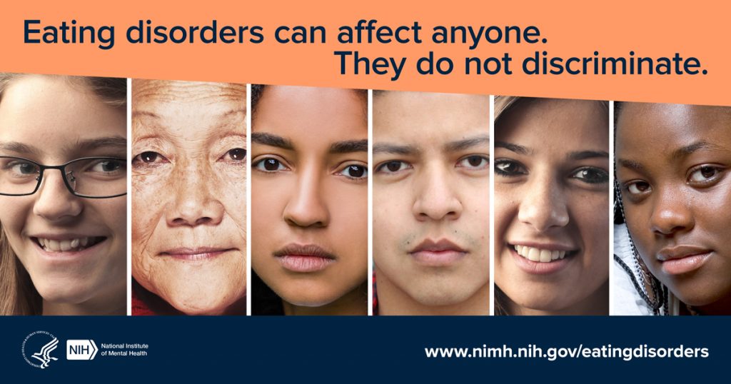 Image showing six different faces with text stating Eating Disorders can affect anyone. They do not discriminate.