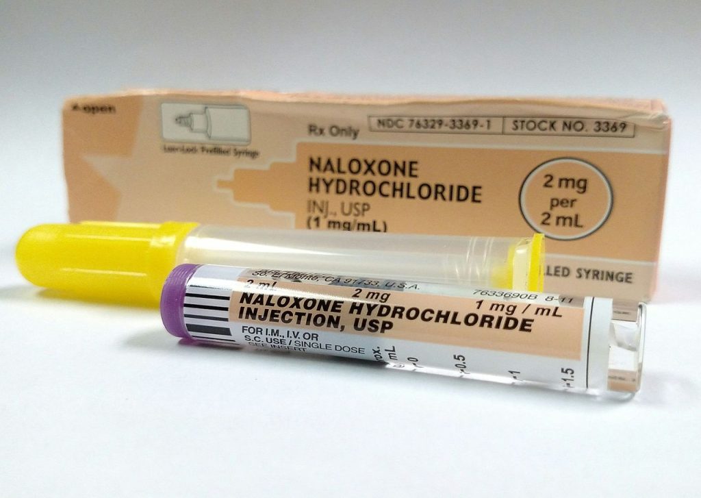 Photo showing prefilled syringe of Naloxone and its packaging