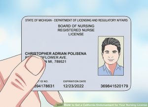 Illustration of a hand holding a State of Michigan nursing license