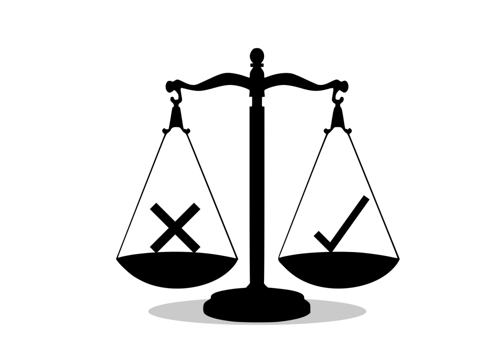 Illustration showing justice scales with a checkmark in one side and an x in the other