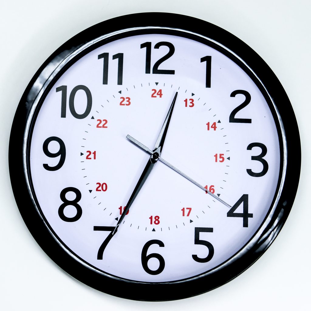 Photo of a wall clock that also shows military time