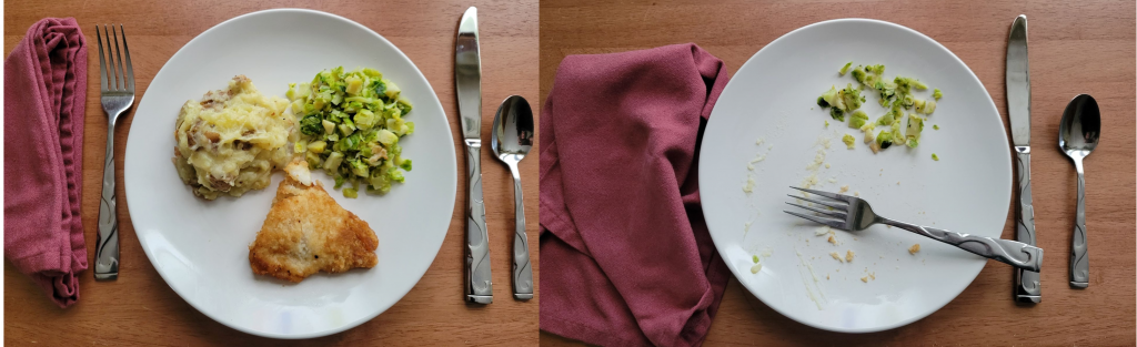 Photos showing a comparison between a delivered meal and one that has had 100 percent intake