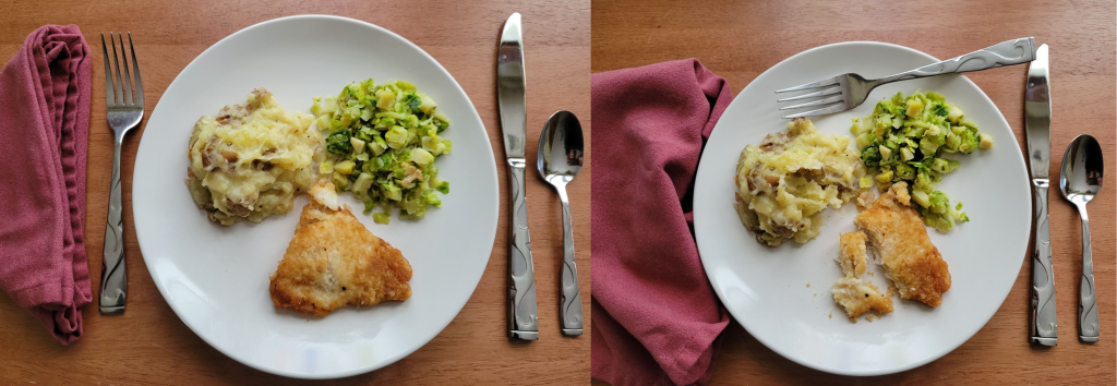 Two photos showing a full meal delivered, and one that has had 25 percent consumed