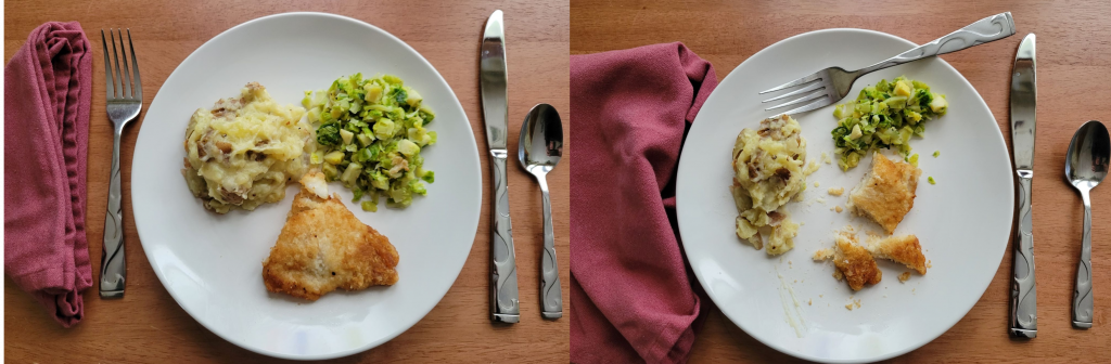 Photos showing comparison of a delivered meal and one that has had 50 percent consumed