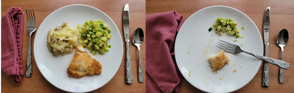 Photos showing a comparison between the delivered meal and one that has had 75 percent consumed