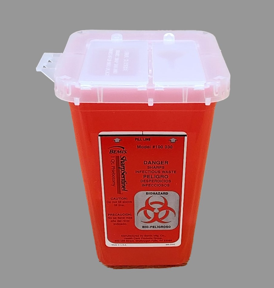 Photo showing a sharps container