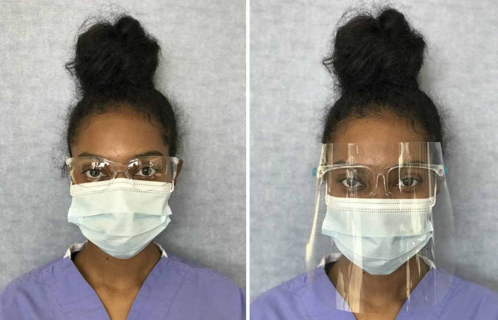 Photos showing a healthcare worker, wearing eye goggles with and without a face shield