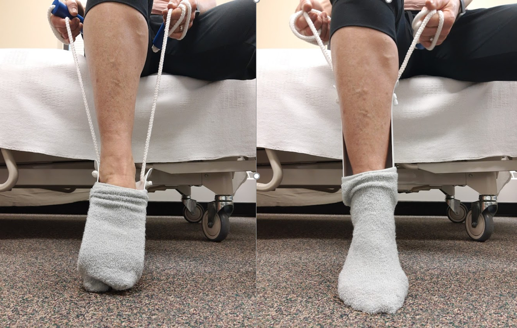 Photos showing process of Putting a Sock on the Foot Using a Sock Aid