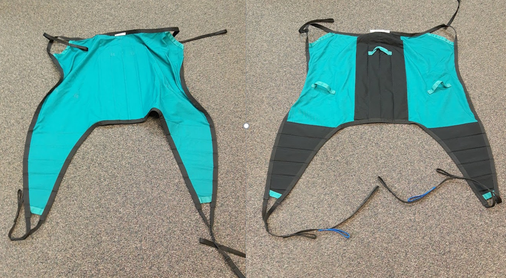 Photos showing the front and back of a split let, or butterfly, sling