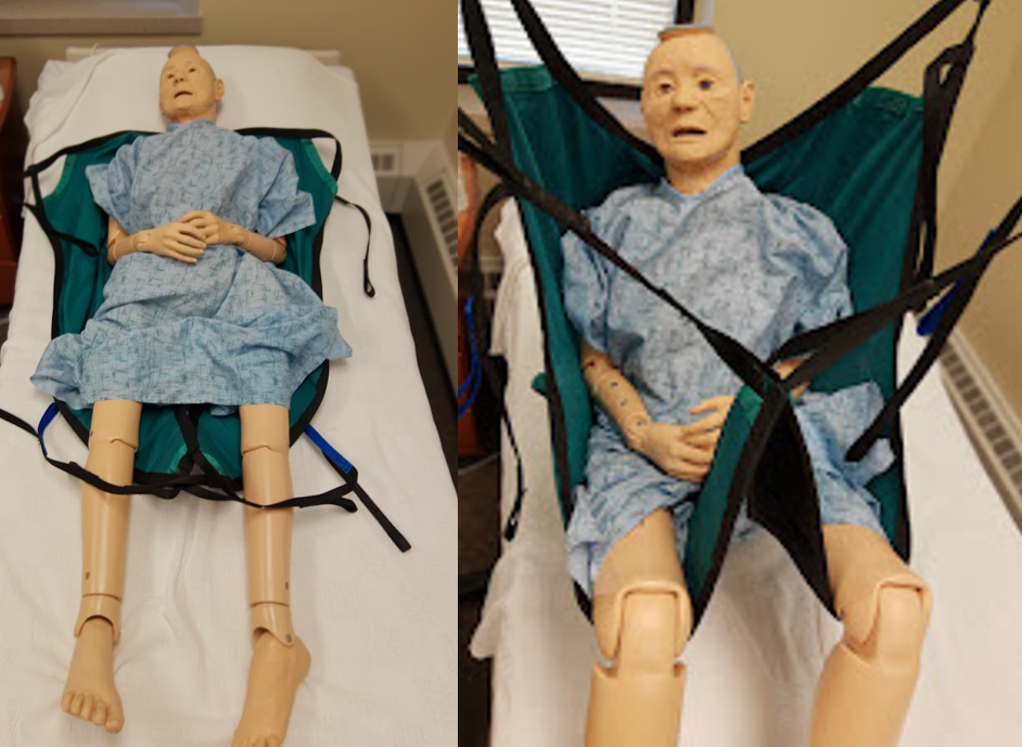 Photos showing a simulated patient being prepared to transfer and then suspended in a crossed sling