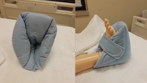 Photos showing a foam boot and a foam boot supporting a simulated patient's heel