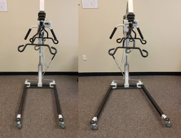 Photos showing Portable Full-Body Mechanical Lift with Legs in a.) Closed Position and b.) Open Position