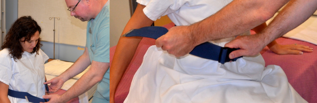 Photos of a health care worker applying a gait belt to a simulated patient