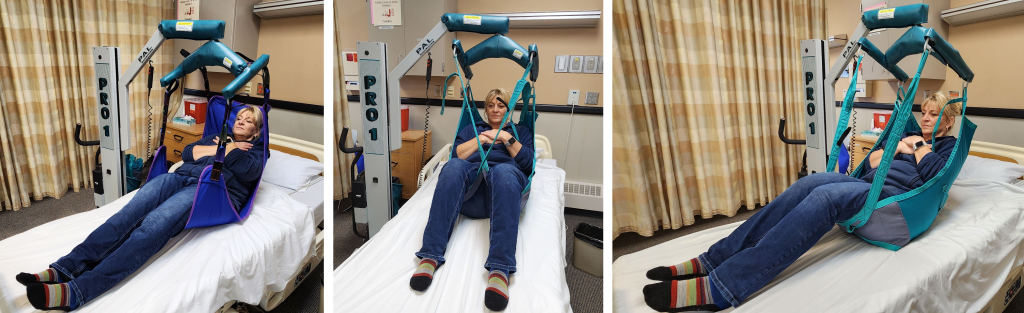 Photos showing a simulated patient in a full-body mechanical lift