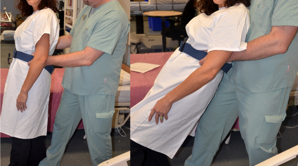 Photos showing a health care worker Lowering a Client Who is Falling to the Floor