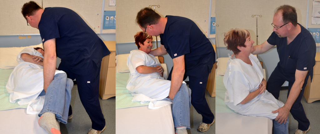 Photos showing a medical assistant assisting a resident to a seated position