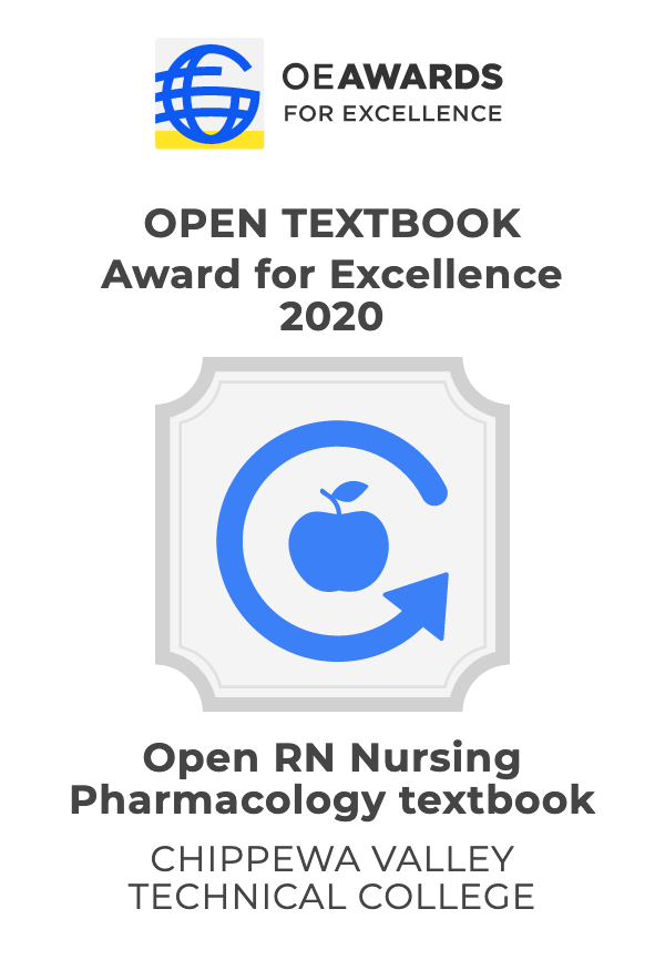 Award image for Open Textbook Award for Excellence 2020. Shows an arrow circling around an apple shaped image along with award text.