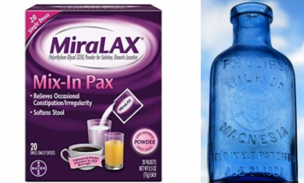 Photos showing box of Miralax and an empty bottle of Milk of Magnesia
