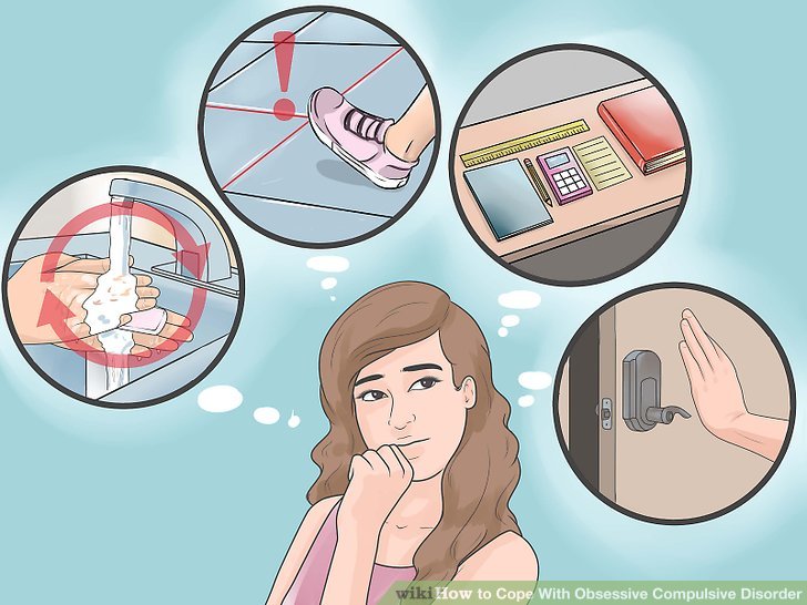 Illustration of a woman thinking about numerous activities associated with Obsessive-Compulsive Disorder