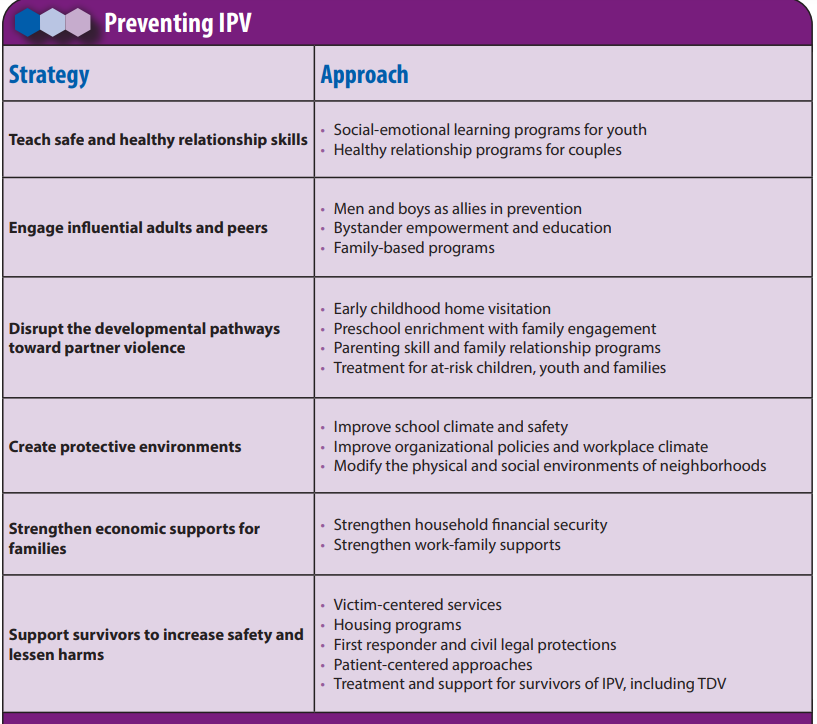 Chart detailing strategies and approaches for Preventing Intimate Partner Violence