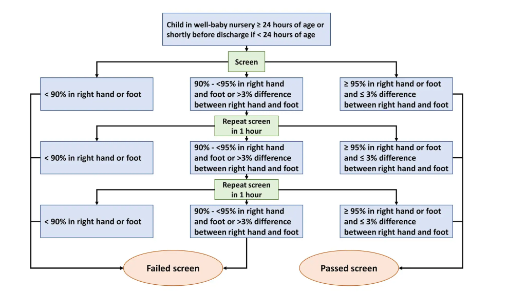 Infographic showing screening algorithm for critical C H D