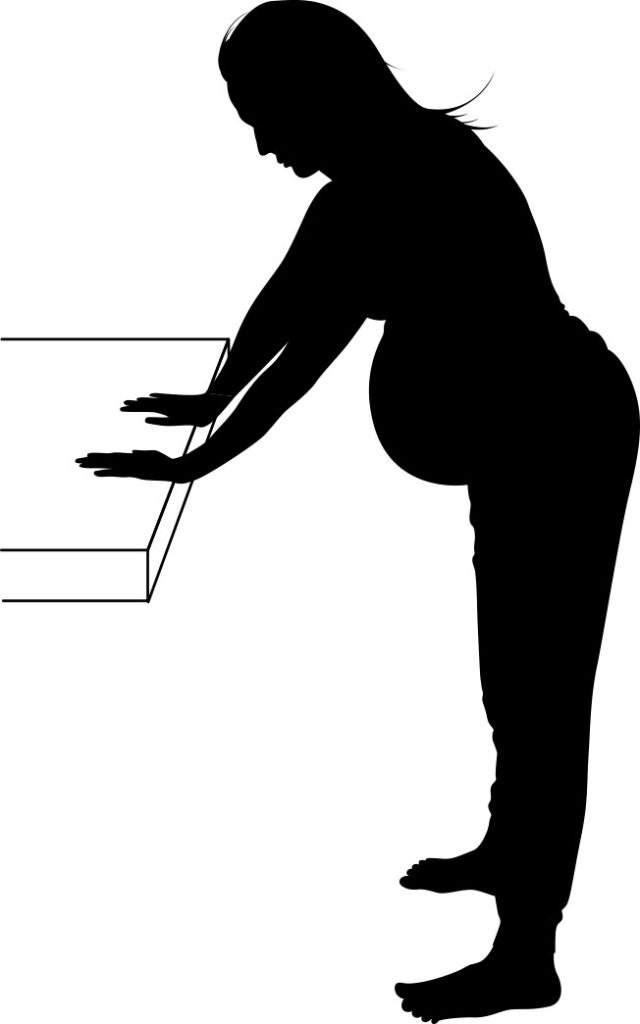 Illustration showing a pregnant person leaning forward with hands on a counter top