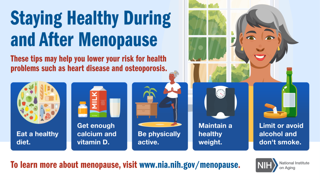 Infographic detailing how to stay healthy during and after menopause