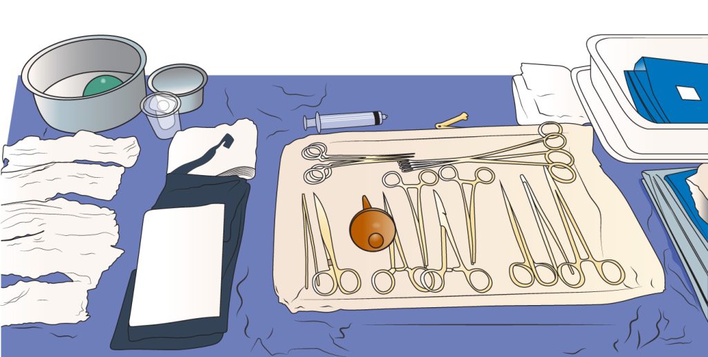 Illustration showing implements on a delivery table