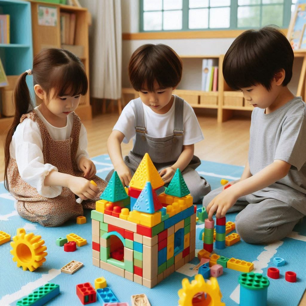 A I generated photo showing three children playing together with stacking toys