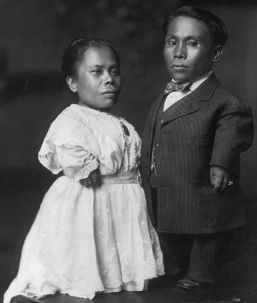 "People_with_dwarfism_from_the_Philippines_in_1914,_"Philipino_midgets"_LCCN2007680836_(cropped)" by Gerhard Sisters is in the Public Domain. a historical portrait of two individuals with dwarfism